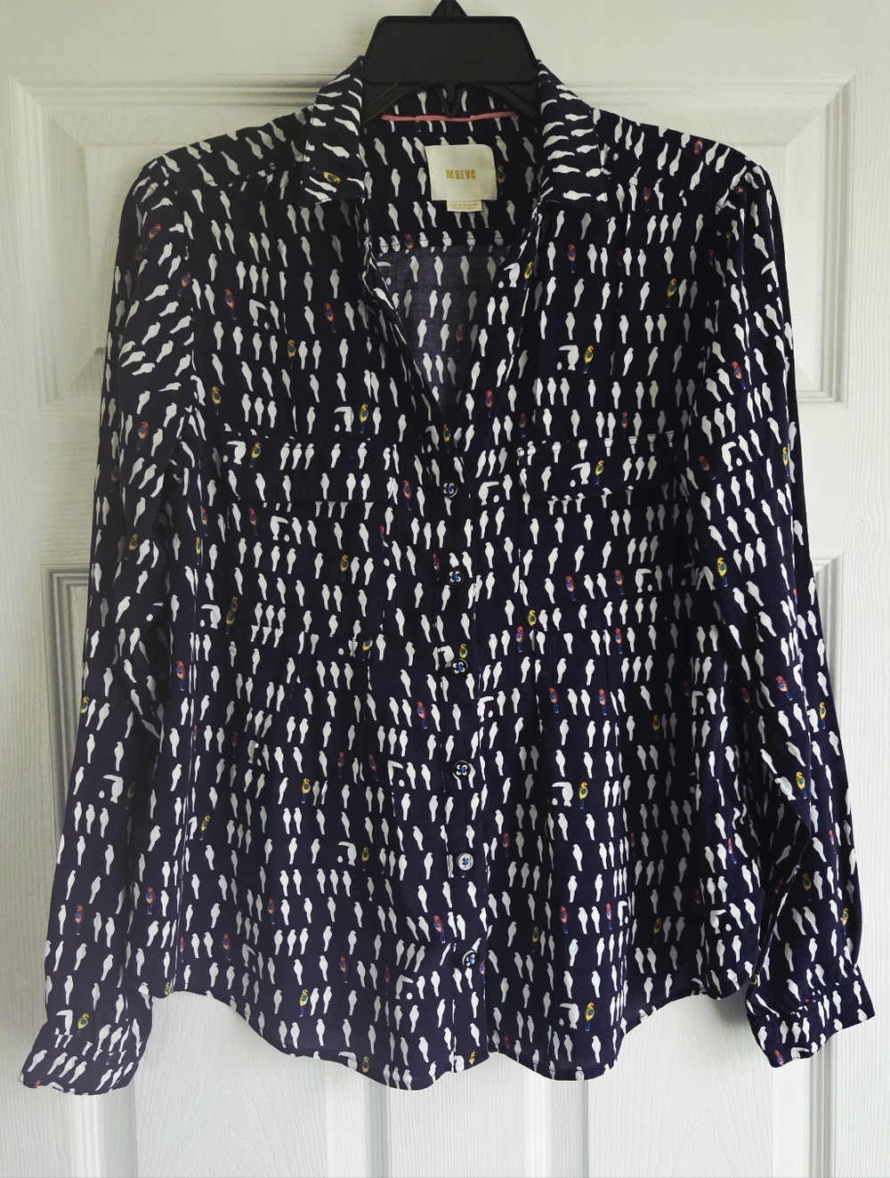 Maeve by Anthropologie ✨️ Women's Navy Bird Print Button-Down Shirt Size 6